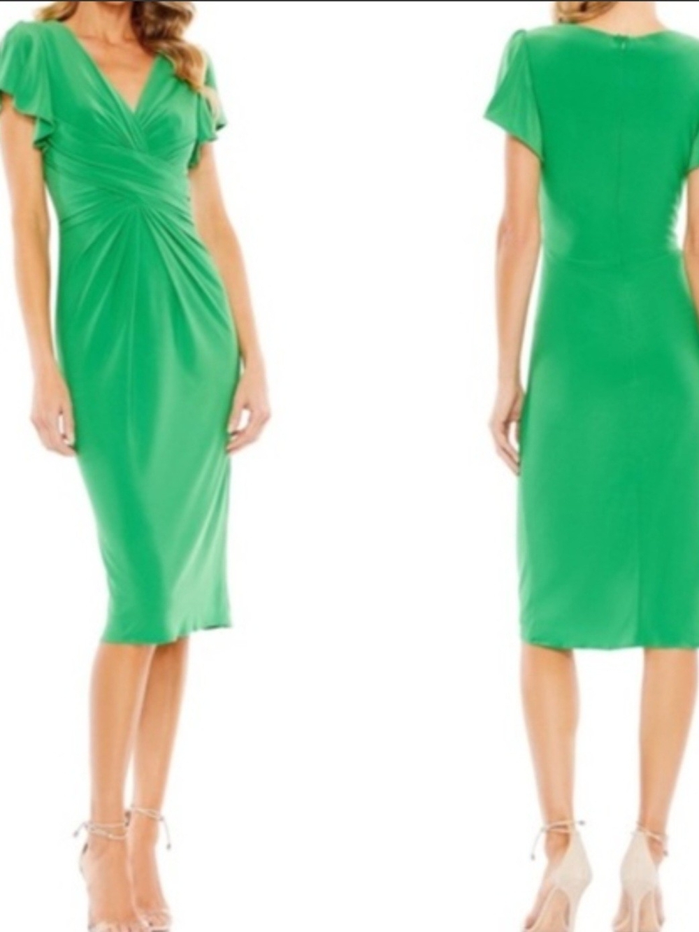 NWT Mac Duggal Green Flounce Sleeve Ruched Midi Dress Size 4